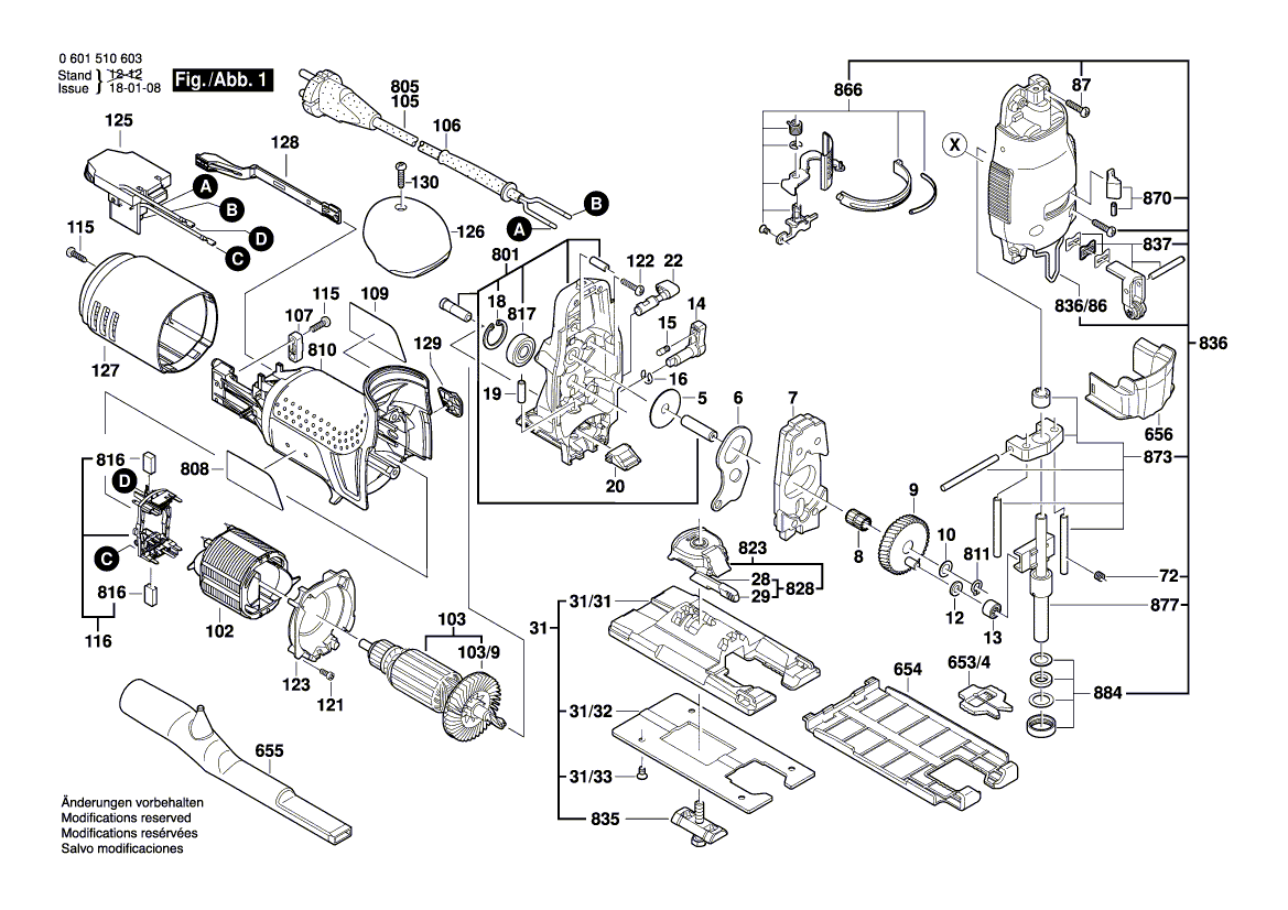 Для электролобзика Bosch STP 120 S 230 V 0601510673, деталировка 1