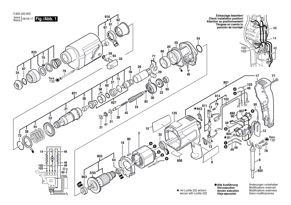 Для перфоратора Bosch PBH 20-RLE 220 V 0603243309, деталировка 1