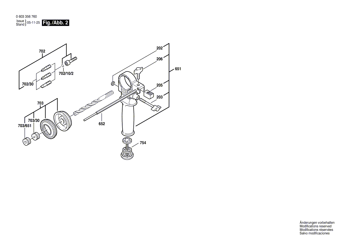 Для перфоратора Bosch PBH 200 FRE 230 V 0603356703, деталировка 2