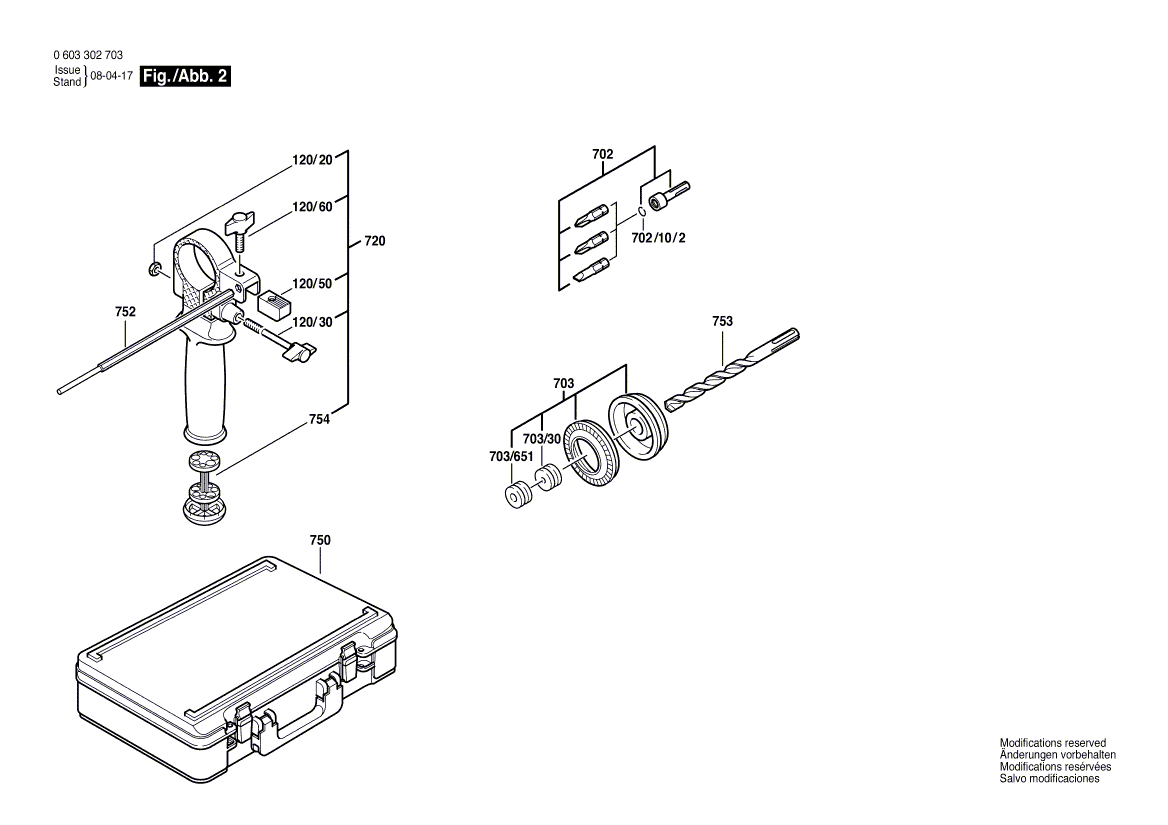 Для перфоратора Bosch PBH 200 RKE 230 V 0603302703, деталировка 2