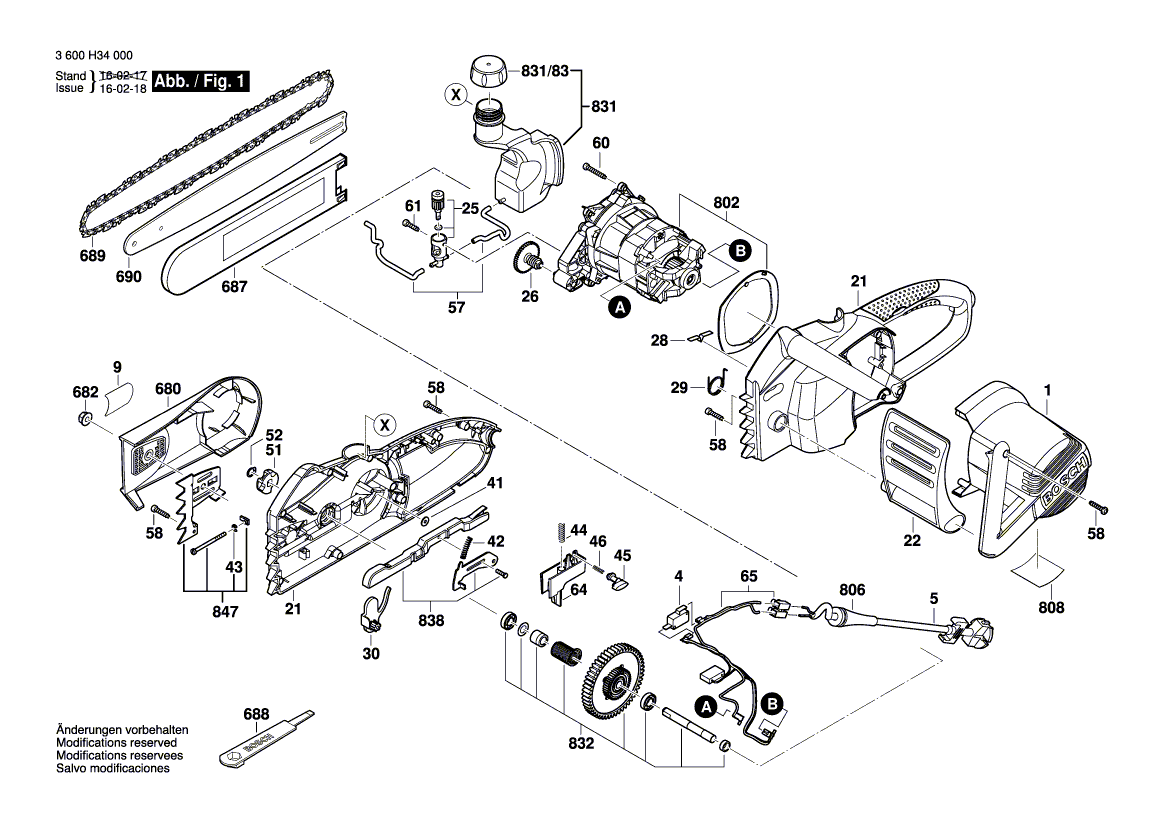 Для цепной пилы Bosch AKE 30 , AKE 35, AKE 40 230 V 3600H34000, деталировка 1