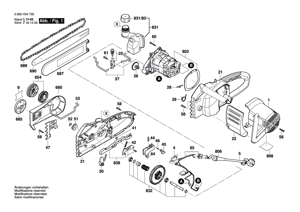 Для цепной пилы Bosch AKE 45 S 230 V 3600H34700, деталировка 1