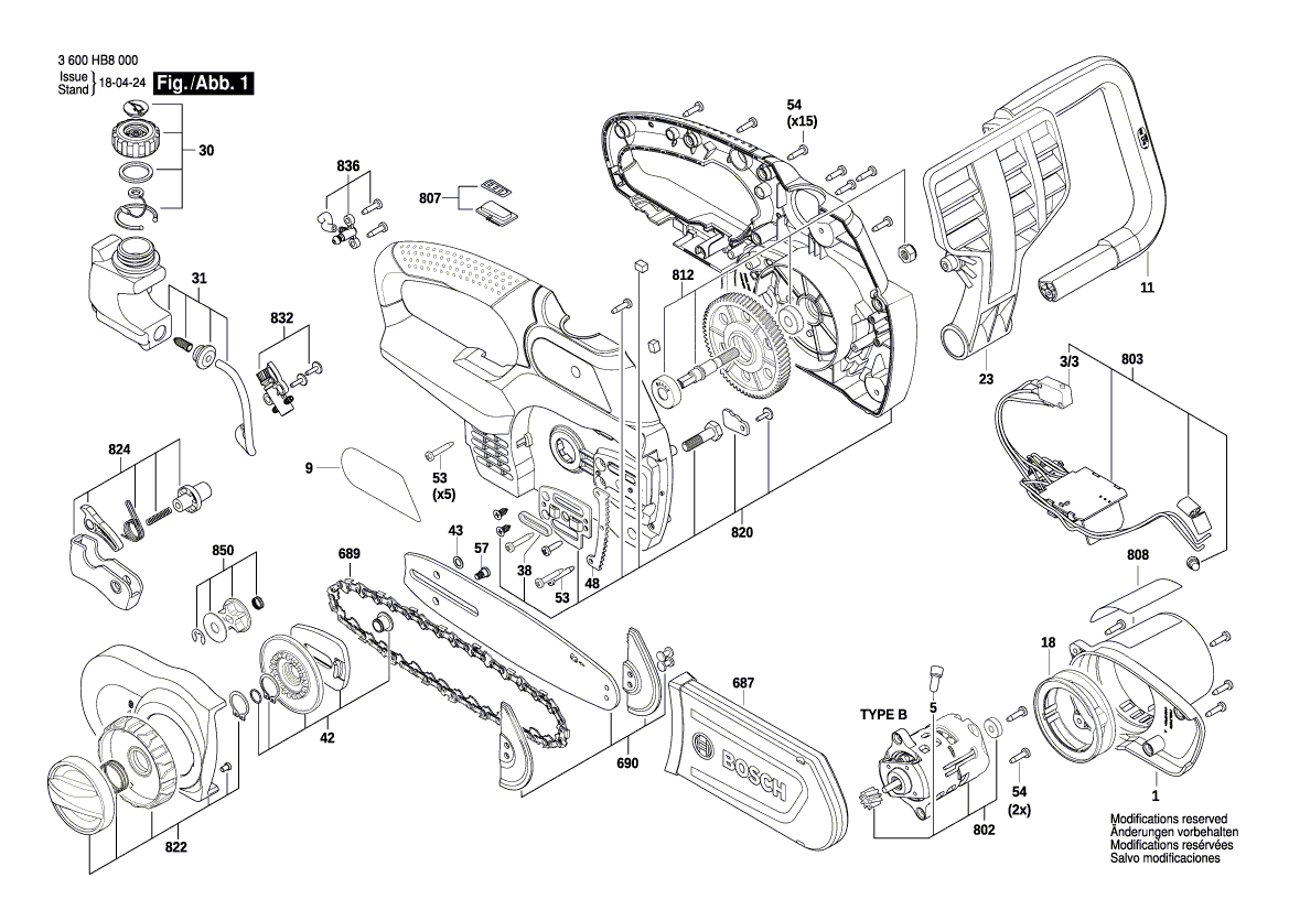 Для цепной пилы Bosch UniversalChain 18 18 V 3600HB8000, деталировка 1