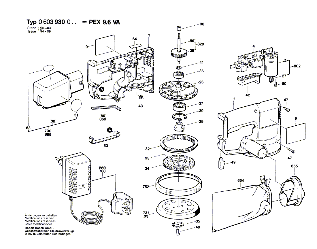 Для аккумуляторной эксцентриковой машины Bosch PEX 9,6 VA 9.6 V 0603930003, деталировка 1