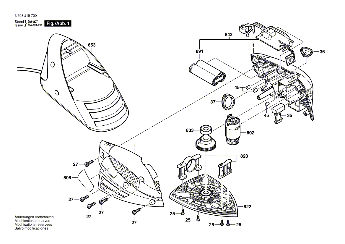 Для аккумуляторной эксцентриковой машины Bosch PRIO 7.2 V 3603J19700, деталировка 1