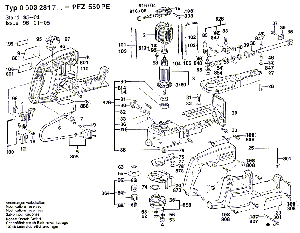 Для маятниковой ножовки Bosch PFZ 550 PE 220 V 0603281703, деталировка 1