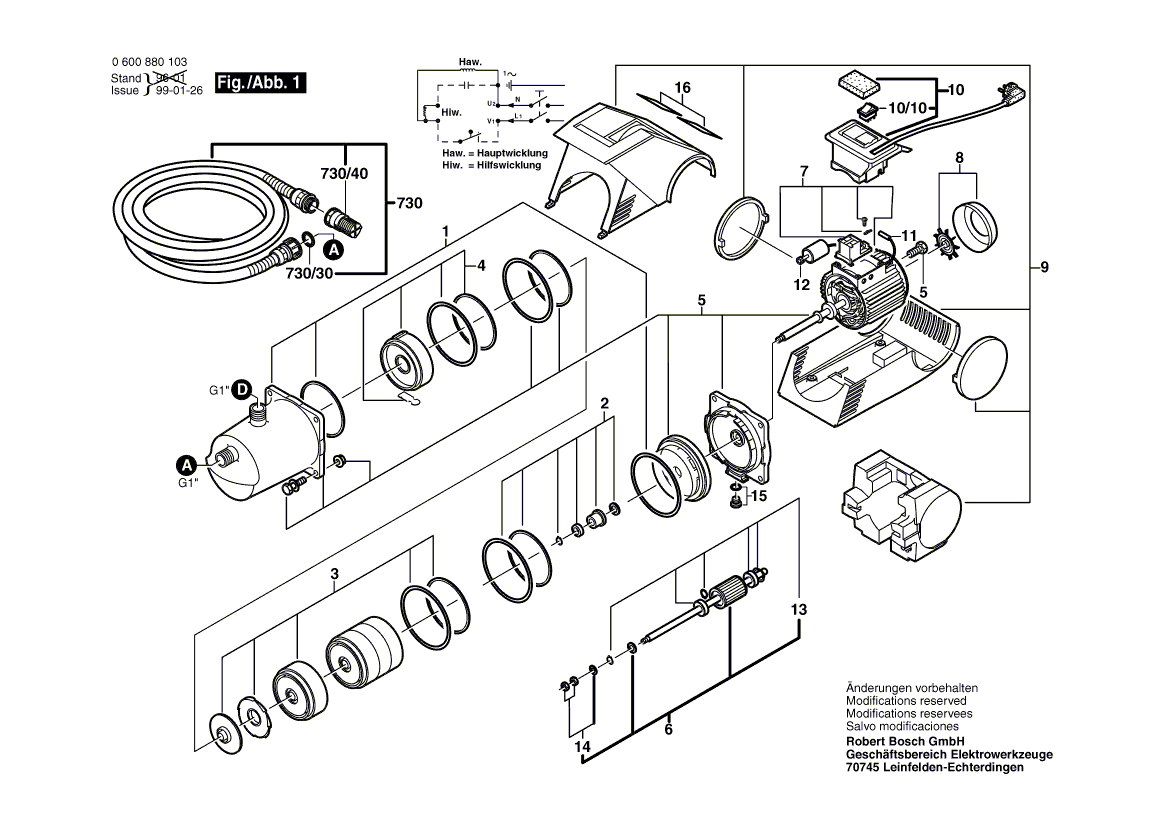 Для электроводонасоса Bosch AGP 1000 230 V 0600880103, деталировка 1