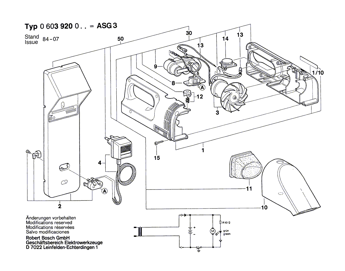 Для аккумуляторного пылесоса Bosch ASG 3 3.6 V 0603920003, деталировка 1