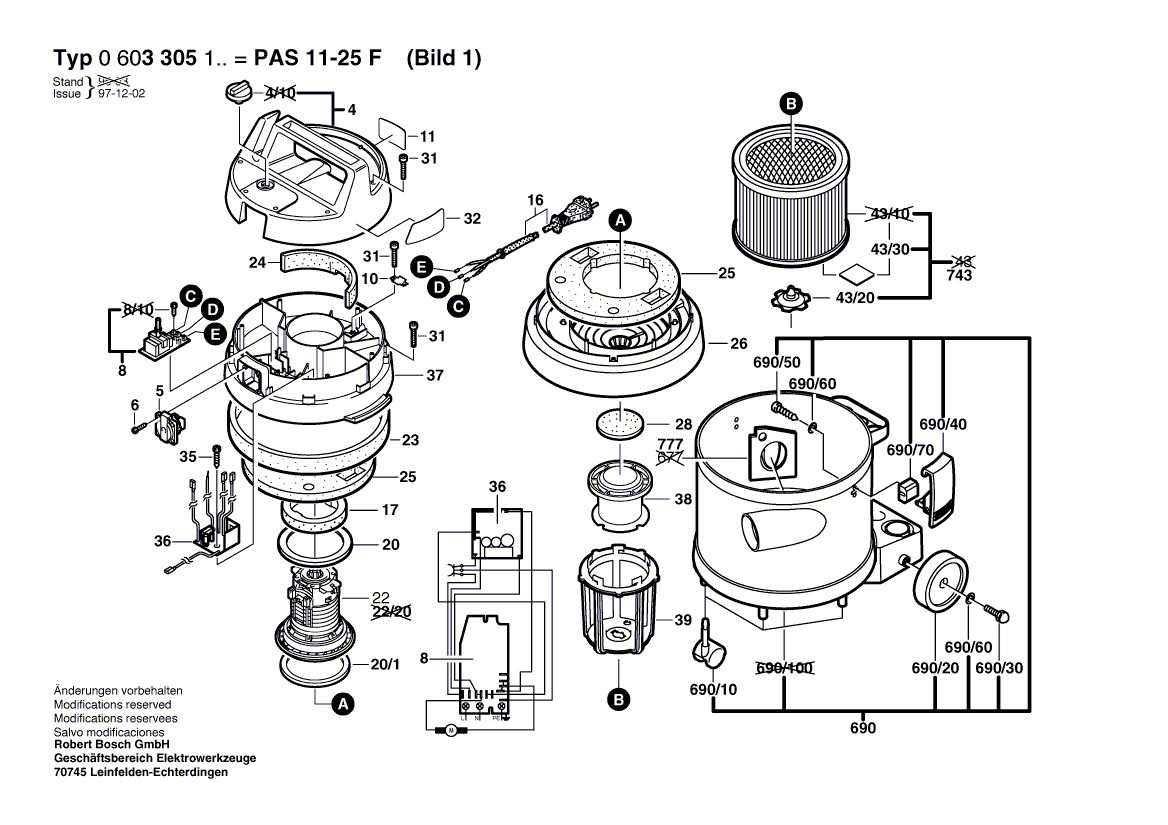 для универсального пылесоса Bosch PAS 10-25 F 230 V 0603305103, деталировка 1