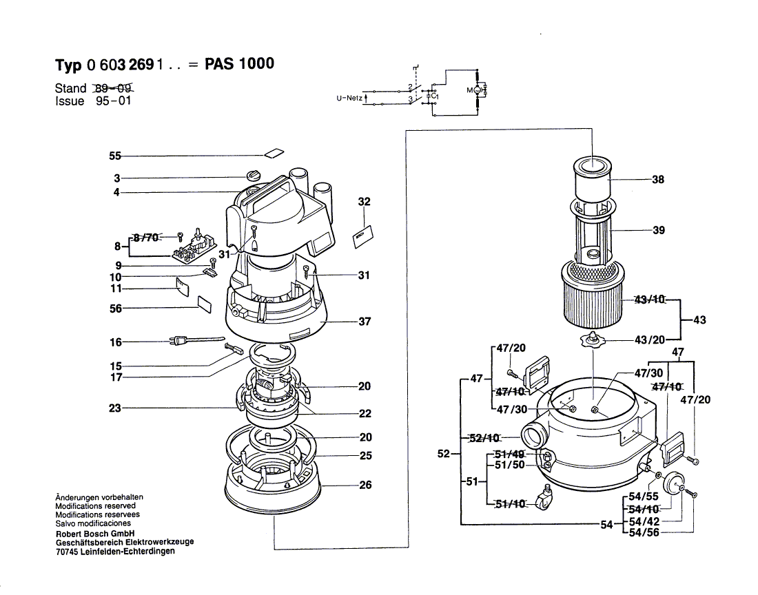 для универсального пылесоса Bosch PAS 1000 220 V 0603269103, деталировка 1