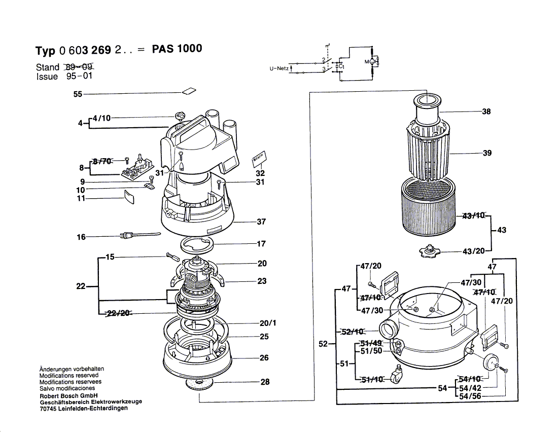 для универсального пылесоса Bosch PAS 1000 220 V 0603269203, деталировка 1