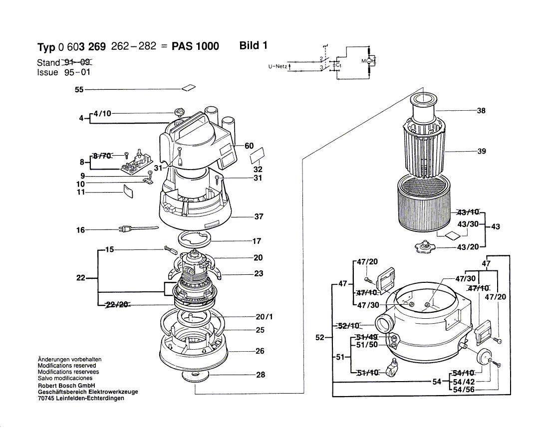 для универсального пылесоса Bosch PAS 1000 220 V 0603269262, деталировка 1