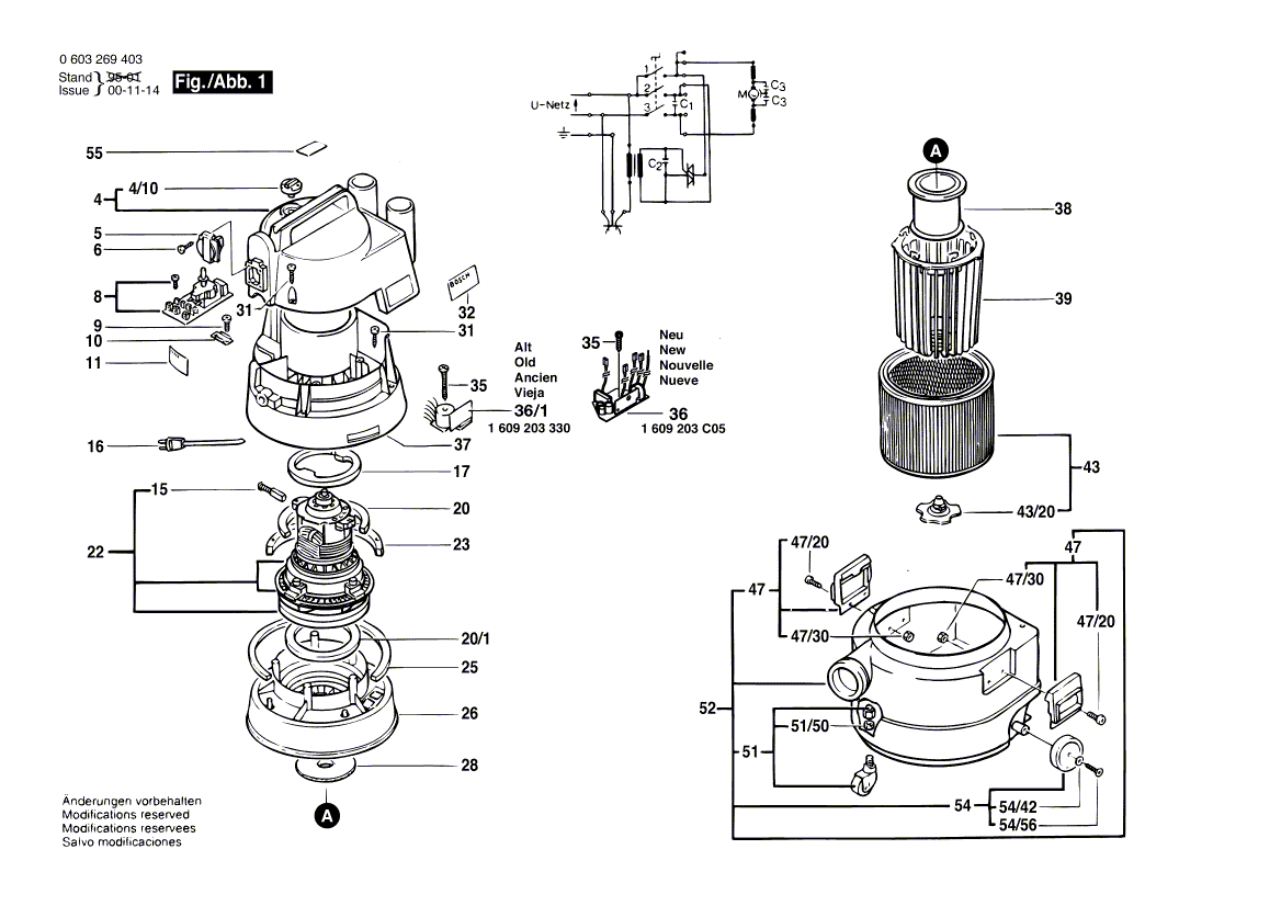 для универсального пылесоса Bosch PAS 1000 F 220 V 0603269403, деталировка 1