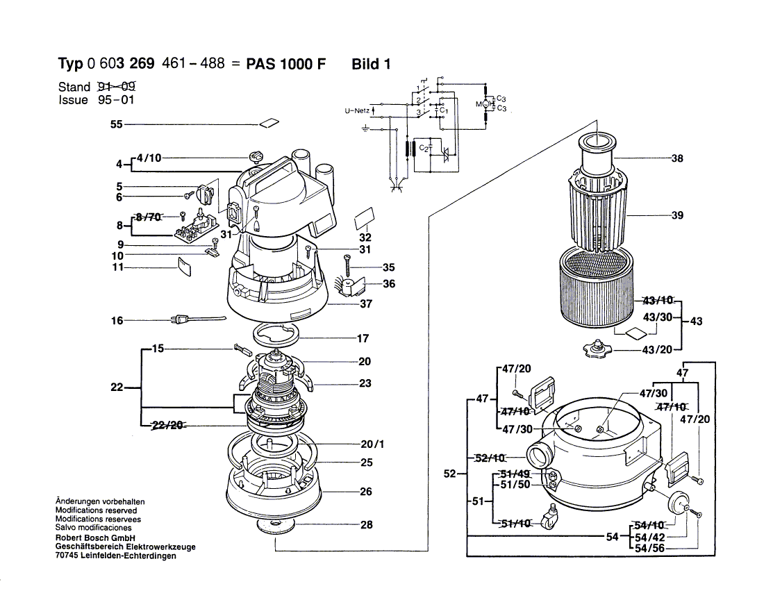 для универсального пылесоса Bosch PAS 1000 F 220 V 0603269473, деталировка 1