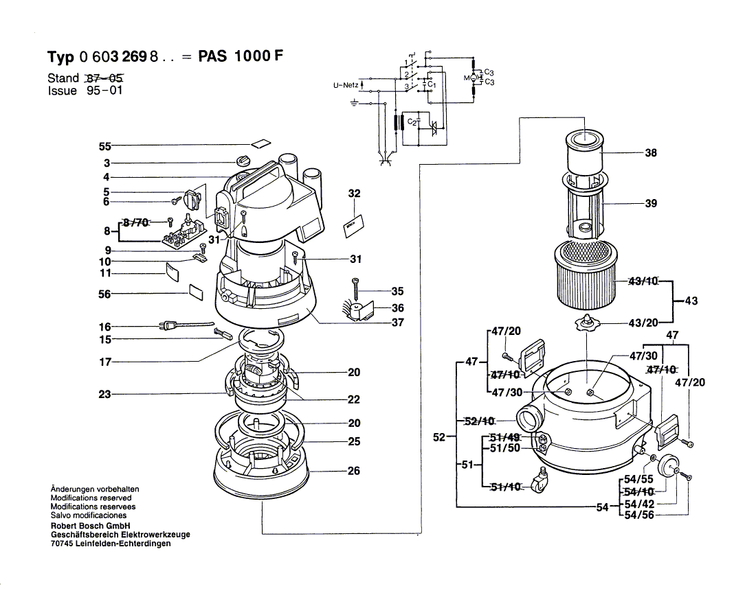 для универсального пылесоса Bosch PAS 1000 F 220 V 0603269803, деталировка 1