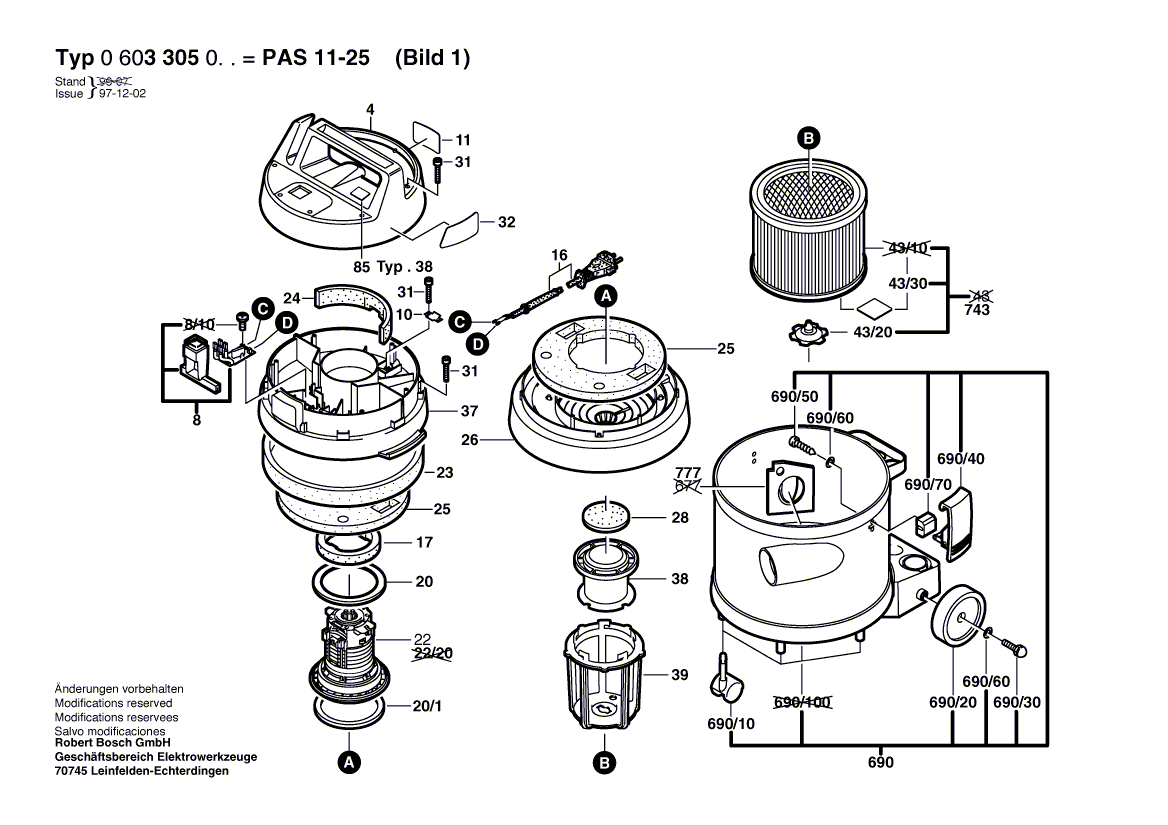 для универсального пылесоса Bosch PAS 11-25 230 V 0603305003, деталировка 1