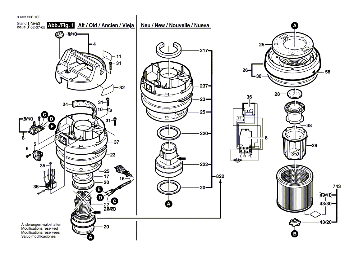 для универсального пылесоса Bosch PAS 12-50 F 230 V 0603306103, деталировка 1