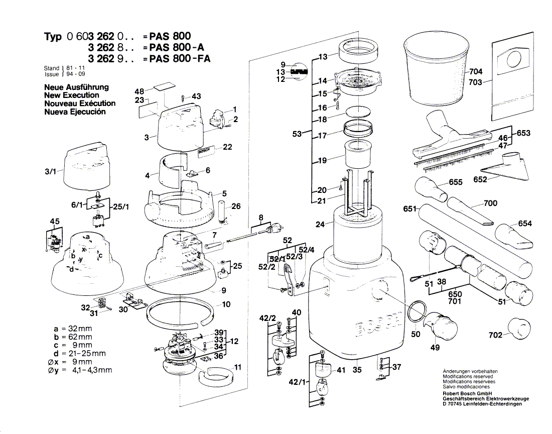 для универсального пылесоса Bosch PAS 800 220 V 0603262003, деталировка 1