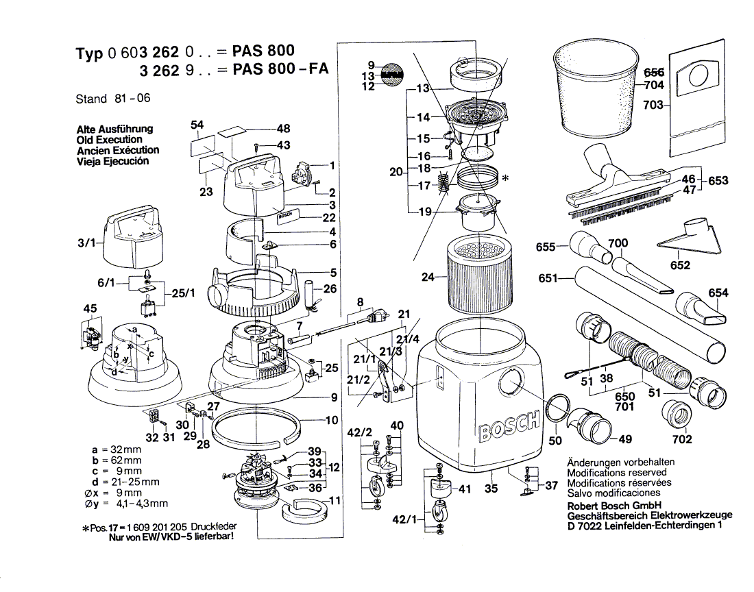 для универсального пылесоса Bosch PAS 800 220 V 0603262003, деталировка 2