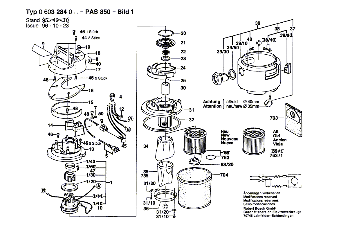 для универсального пылесоса Bosch PAS 850 220 V 0603284003, деталировка 1