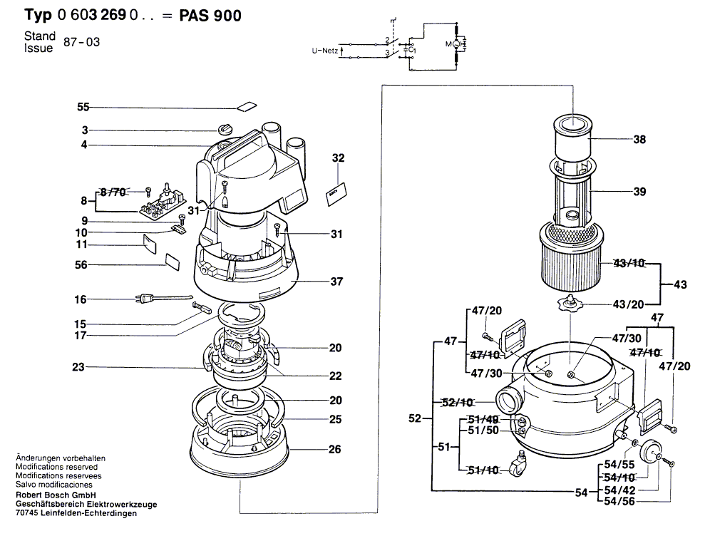 для универсального пылесоса Bosch PAS 900 220 V 0603269003, деталировка 1