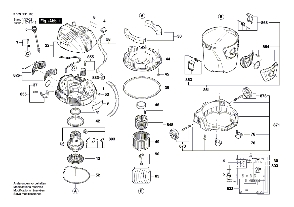 для универсального пылесоса Bosch UniversalVac 15 230 V 3603CD1100, деталировка 1