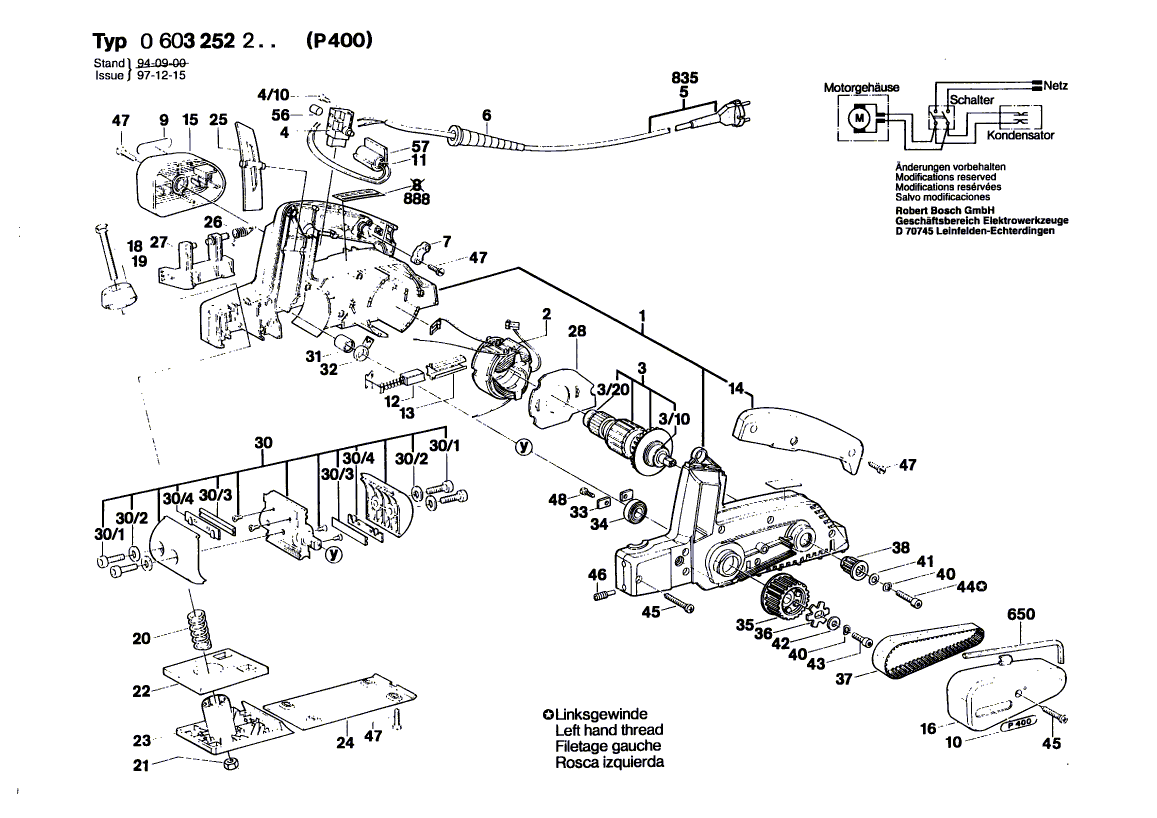 для рубанка Bosch P 400 220 V 0603252203, деталировка 1