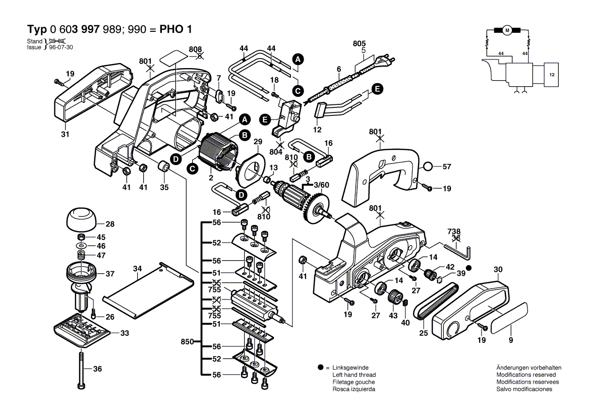 для рубанка Bosch PHO 1 230 V 0603997989, деталировка 1