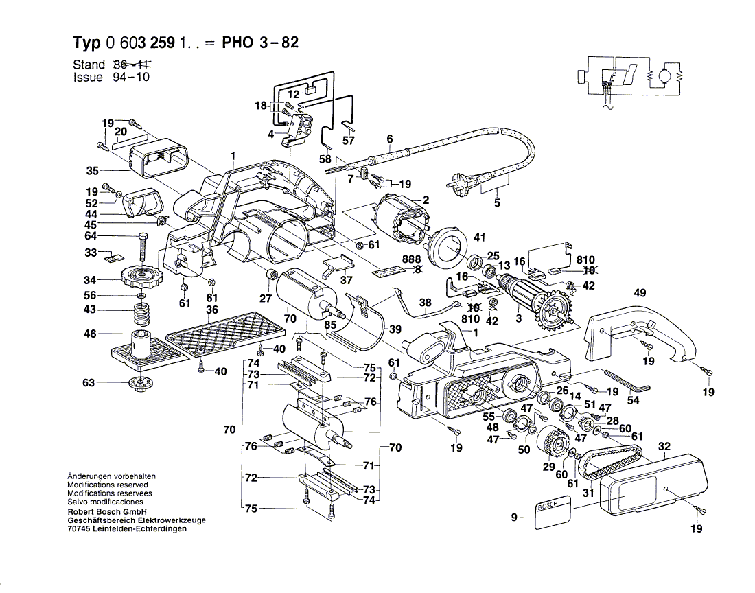 для рубанка Bosch PHO 3-82 220 V 0603259103, деталировка 1