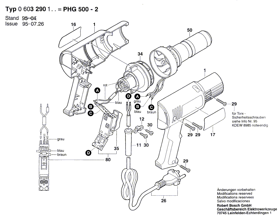 для термовоздуходувки Bosch PHG 500-2 230 V 0603290103, деталировка 1