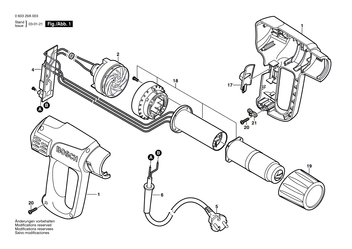 для термовоздуходувки Bosch PHG 500-2 230 V 060329A003, деталировка 1