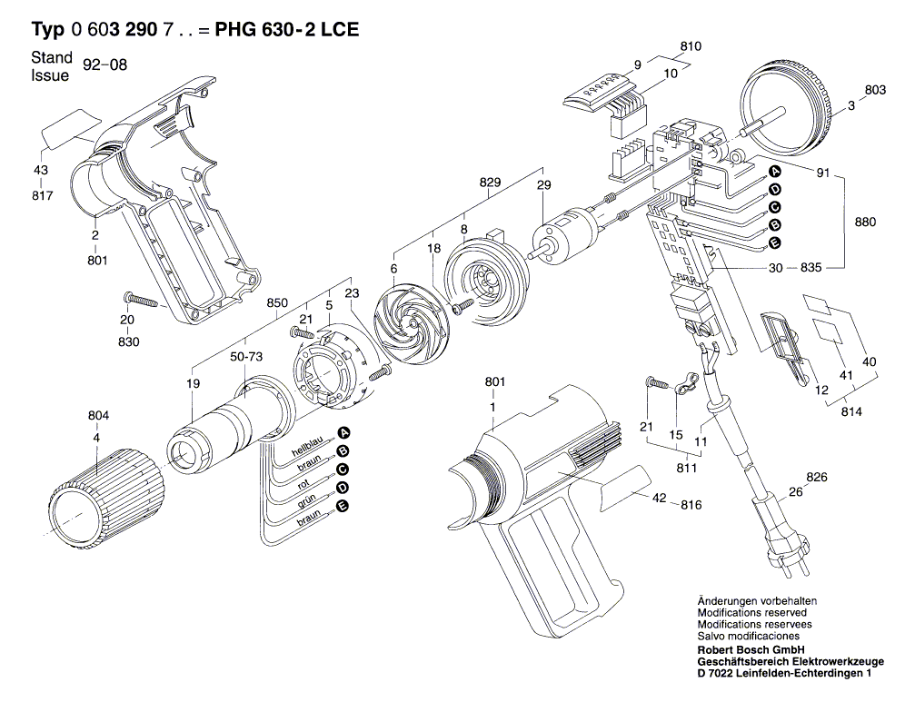 для термовоздуходувки Bosch PHG 630-2 LCE 230 V 0603290703, деталировка 1