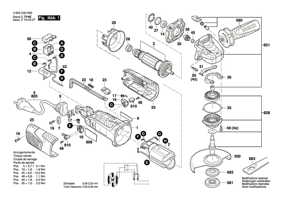 для угловой шлифмашины Bosch PWS 1000-125 230 V 3603CA2600, деталировка 1