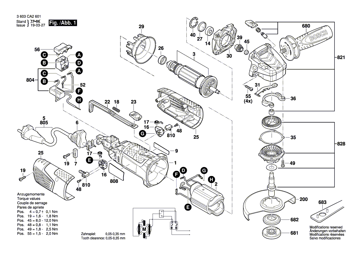 для угловой шлифмашины Bosch PWS 1000-125 3603CA2601, деталировка 1