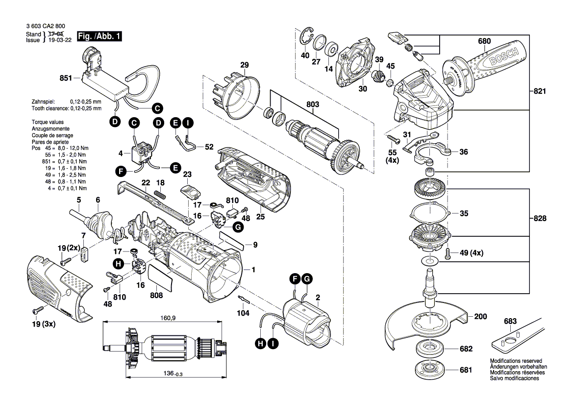 для угловой шлифмашины Bosch PWS 1000-125 CE 230 V 3603CA2800, деталировка 1