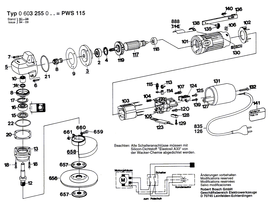 для угловой шлифмашины Bosch PWS 115 220 V 0603255003, деталировка 1