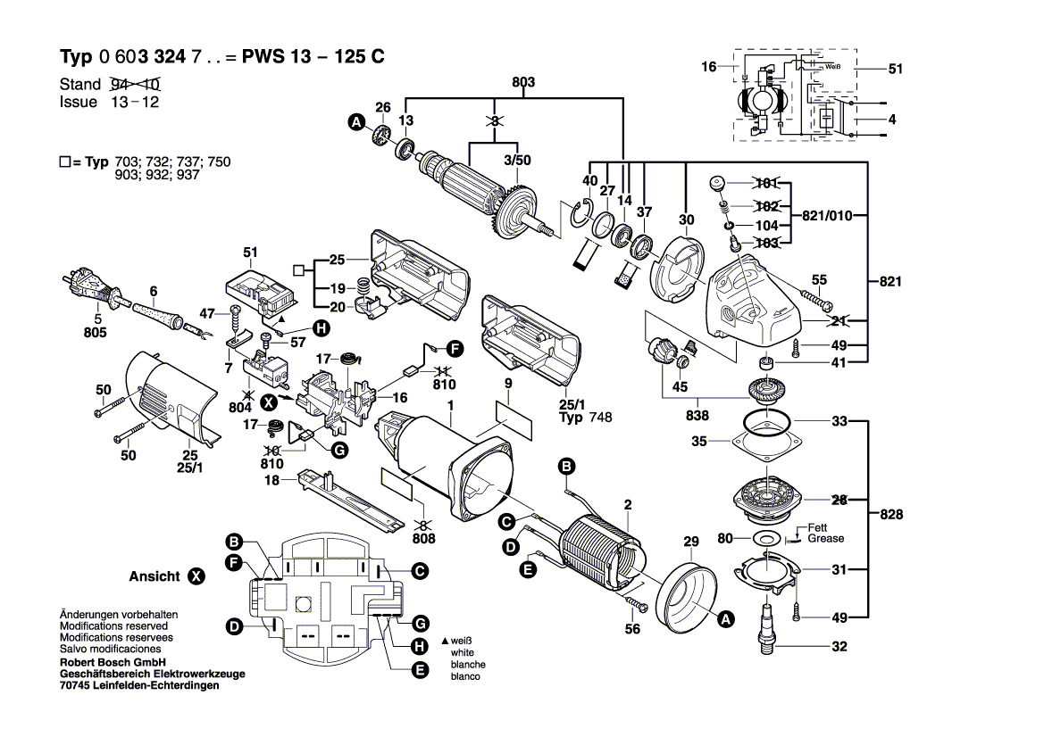 для угловой шлифмашины Bosch PWS 13-125 C 230 V 0603324703, деталировка 1