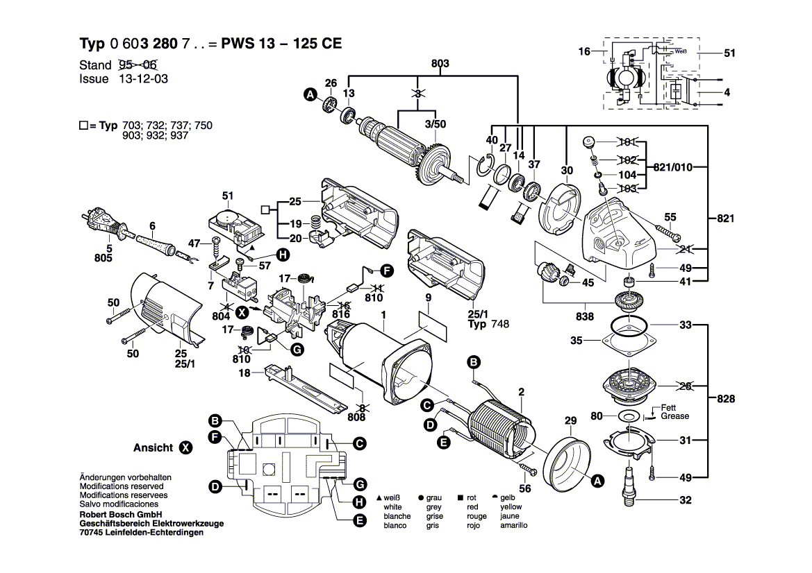 для угловой шлифмашины Bosch PWS 13-125 CE 230 V 0603280703, деталировка 1