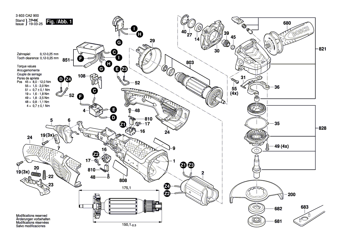 для угловой шлифмашины Bosch PWS 1300-125 CE 230 V 3603CA2900, деталировка 1