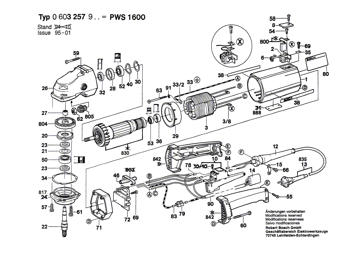 для угловой шлифмашины Bosch PWS 1600 220 V 0603257903, деталировка 1