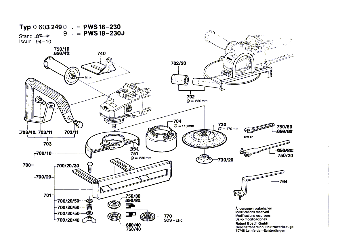 для угловой шлифмашины Bosch PWS 18-230 230 V 0603249003, деталировка 2