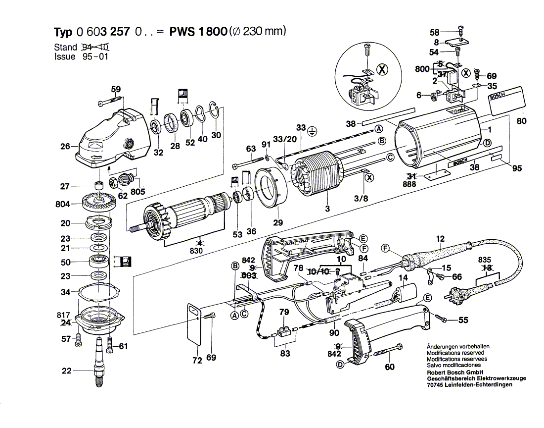 для угловой шлифмашины Bosch PWS 1800 220 V 0603257003, деталировка 1