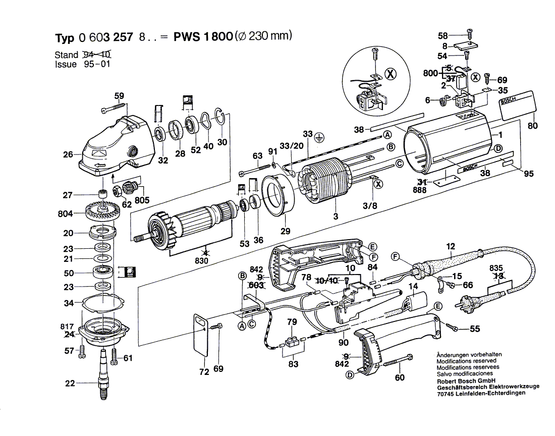 для угловой шлифмашины Bosch PWS 1800 220 V 0603257803, деталировка 1