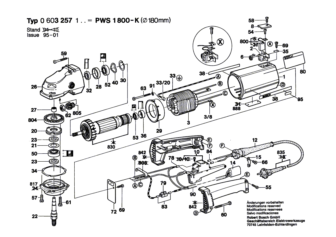 для угловой шлифмашины Bosch PWS 1800-K 220 V 0603257103, деталировка 1