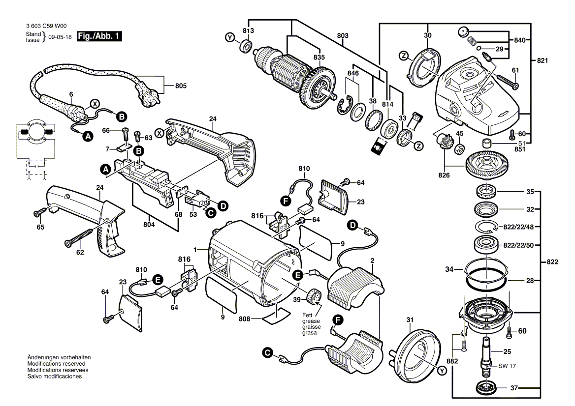 для угловой шлифмашины Bosch PWS 1900 230 V 3603C59W01, деталировка 1