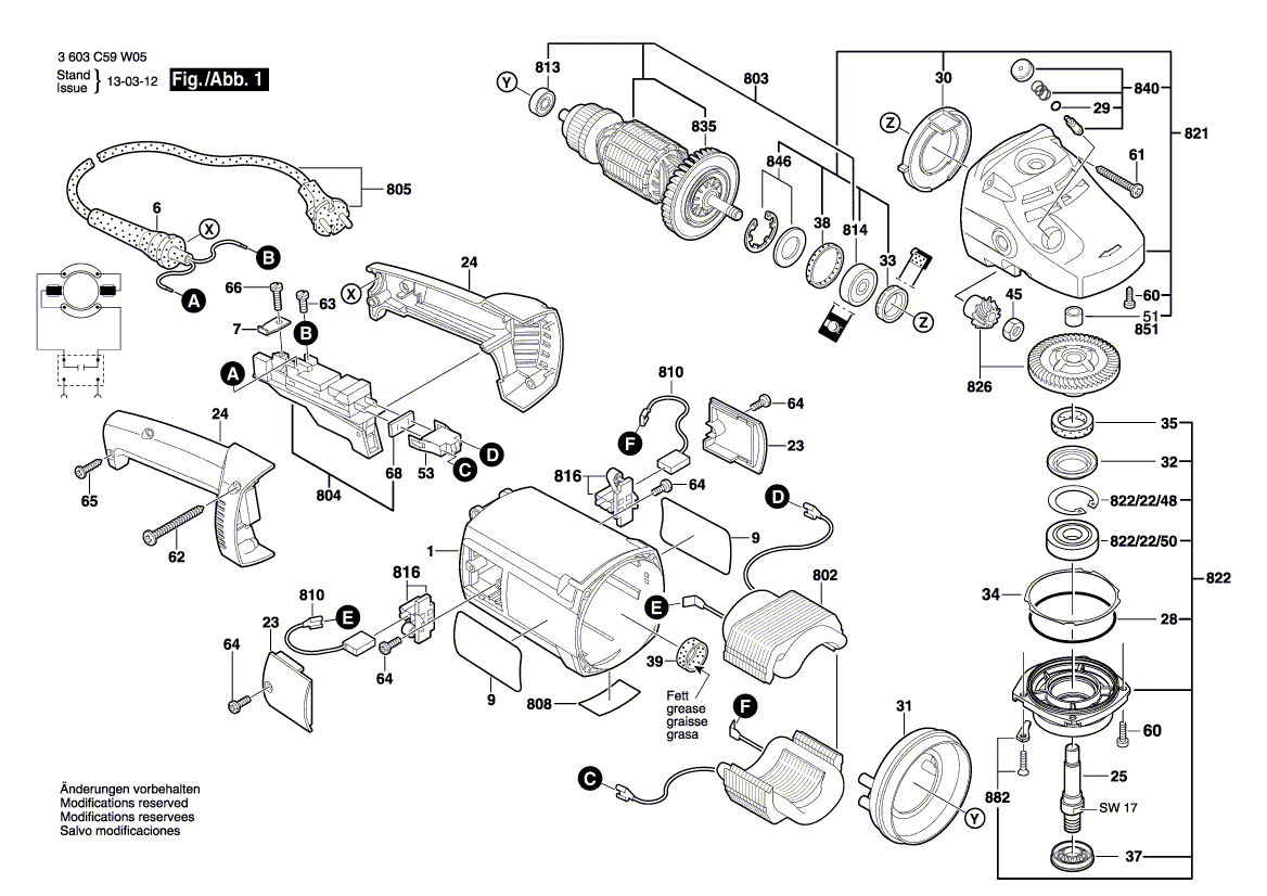 для угловой шлифмашины Bosch PWS 1900 230 V 3603C59W06, деталировка 1