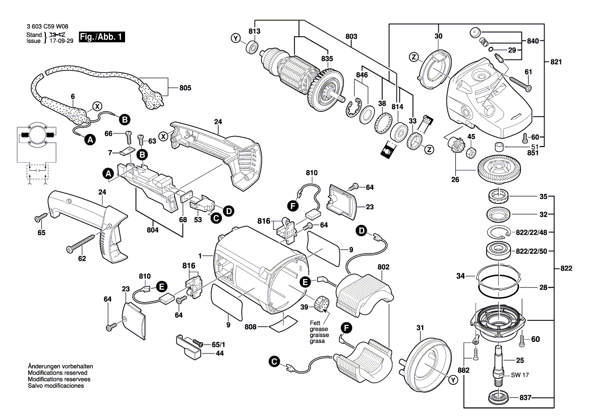 для угловой шлифмашины Bosch PWS 1900 230 V 3603C59W08, деталировка 1