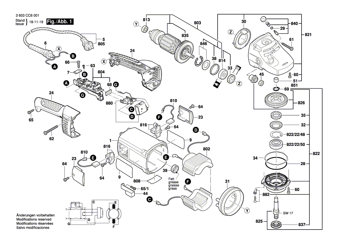 для угловой шлифмашины Bosch PWS 2000-230JE 230 V 3603CC6001, деталировка 1