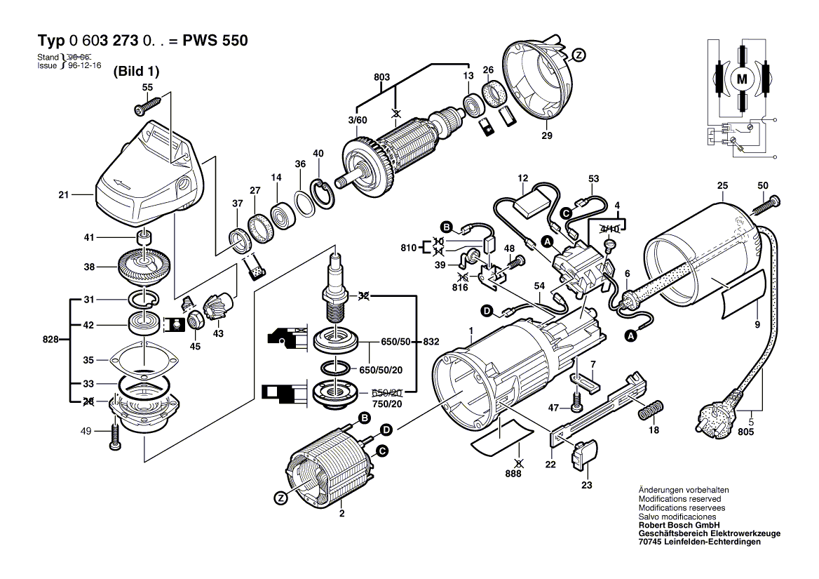 для угловой шлифмашины Bosch PWS 550 220 V 0603273003, деталировка 1