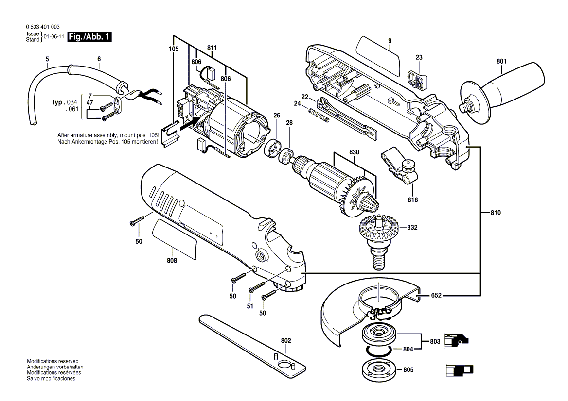 для угловой шлифмашины Bosch PWS 6-115 230 V 0603401003, деталировка 1